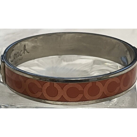 COACH Bangle Bracelet Signature Logo C Orange Enamel Silverplate Stackable - Picture 4 of 5